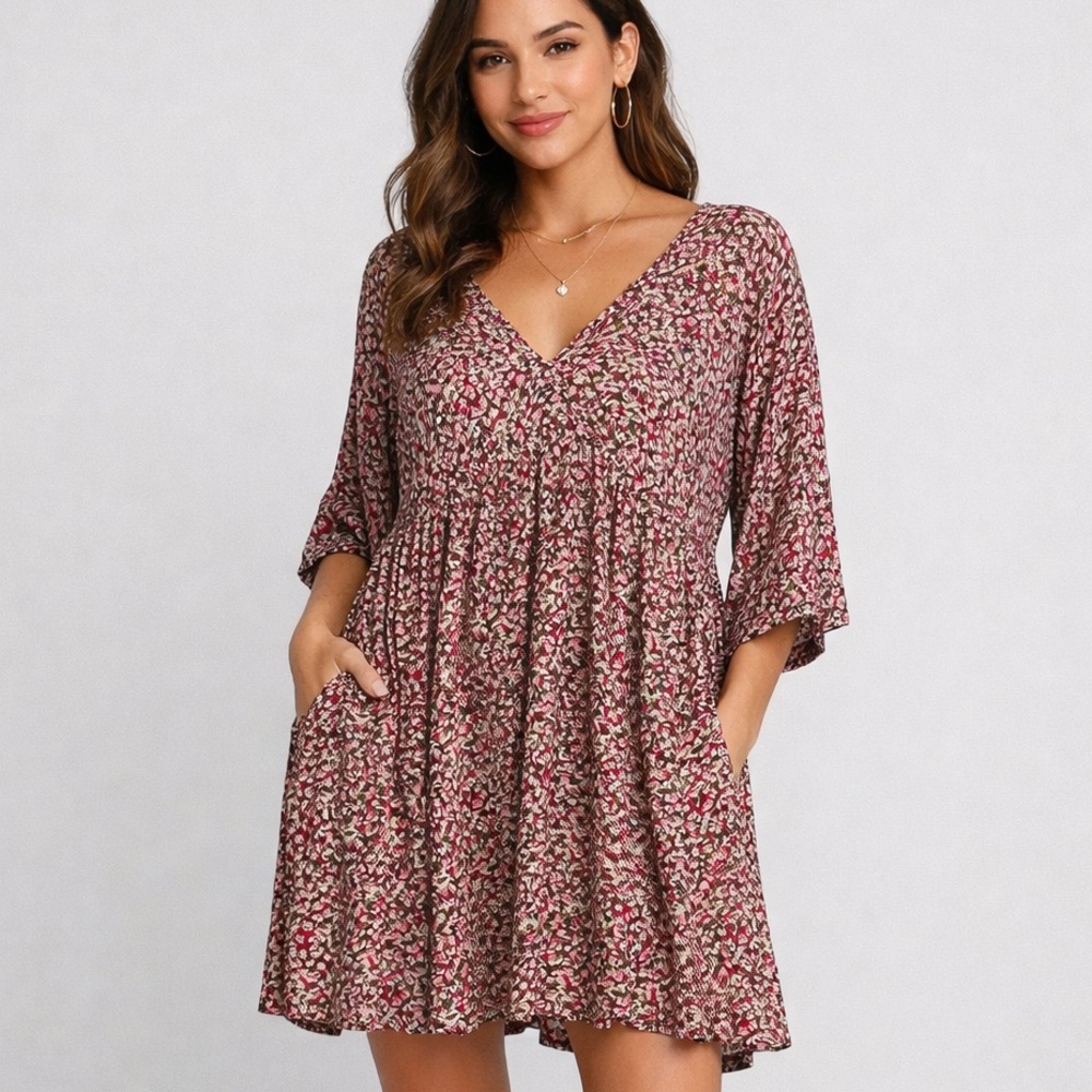NATURAL LIFE Floral V-Neck Mini Dress in Burgundy and Cream